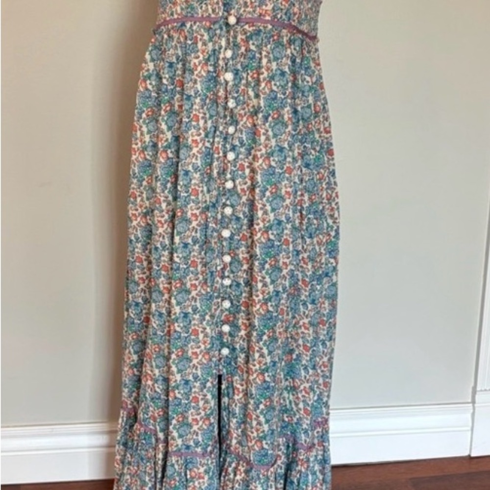 Free People Floral Button-Front Maxi Skirt in Teal, Coral & Cream